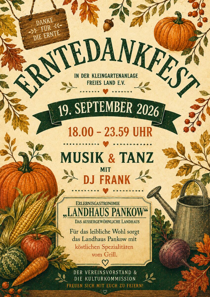 Einladung zum Erntedankfest der KGA Freies Land am 19. September 2026